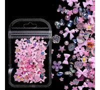 200PCS Pink Nail Charms, 3D Aurora Bow Nail Art Charms, DIY Accessories Resin Bow Nail Charm, Mixture Styles Butterfly Bow Flower Bear Lollipop Heart for Nail Art Decoration (Pink)