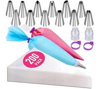 200Pcs Piping Bags and Nozzles Set, 12 Inch Pastry Bags, Icing Bags Disposable with 1 Reusable Piping Bags, 12 Nozzles, 2 Couplers, 2 Bag Ties
