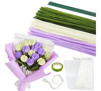 200Pcs Purple Pipe Cleaner Flowers Kit Tulip, Moss Green White Purple Pipe Cleaners for Craft Flowers Kit, 15Pcs Flower Stem 2Pcs Packaging Paper Bouquet Ribbon Tape for Flower DIY Birthday Gifts