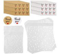 200PCS Self Adhesive Cookie Bags Cellophane Treat Bags, White Polka Dot OPP Clear Plastic Bags with 216PCS White & Kraft Paper DIY Stickers, Small Cello Bags for Sweets Biscuits Cookies Jewelry