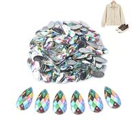 200Pcs Sew on Rhinestones, Clear Faceted Drop Shape Crystals, Flatback Sewing Crystals Gems with 2 Holes, 9x18mm Sewing Gems Flat Back Glass Rhinestone for Dress Shoes Bag Crafts