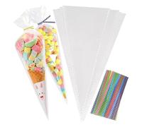 200pcs Sweet Cones Bags and Ties, Crystal Clean Cone Bags, Triangle Clear Cellophane Bags with 200pcs Colorful Ties for Cookie, Candy, Baking, Party Christmas and Festivals Wrapping(Transparent 16*30)