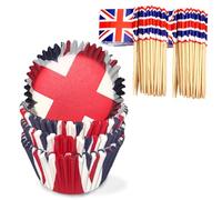 200Pcs Union Jack Cupcake Cases & Toothpick Flags for VJ Day 80th Anniversary Decorations, Britain Wrapper Paper Cake Case & Cupcake Toppers Cocktail Stick for Muffins and Cakes