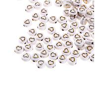 200pcs White Acrylic Heart Beads 7mm Flat Round Pony Disc Coin with Gold Hollow Heart Pattern Loose Spacer Beads for DIY Bracelet Jewelry Making