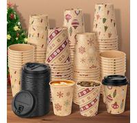 200Set Christmas Disposable Paper Cups with Lids 12oz, Bulk Xmas Hot Cocoa Cups Coffee Cups, Holiday Kraft Paper Cups for Hot Chocolate Cold Drinks Christmas New Year Winter Party Supplies Decorations