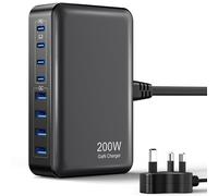 200W 8-Port USB Charging Station, PD 65W 45W 20W USB C GaN III Charger Laptop & Phone Fast Charger Plug, Compatible with MacBook Pro/Air,Dell XPS, iPhone 15/16/14/ Pro, iPads, Steam Deck