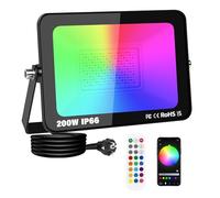 200W Smart RGB LED Floodlight with Plug, APP Remote Control, Dimmable Colour Changing Flood Light for Garden Wall Courtyard Party Stage Decoration, IP66 Outdoor Work Light