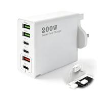 200W USB C Charging Station with 6 Ports, Multi Fast Charger Plug UK with PD 100W/65W/45W/20W USB C Charger Hub for MacBook Laptops iPhone 16/15 Pro iPads Samsung Galaxy Steam Deck