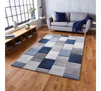 (200x290cm) Brooklyn Modern Rugs 21830 in Square Patchwork Grey Blue Thick Soft Mats