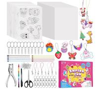 201Pcs Shrink Paper Keychain Kit, 24 Blank & 12 Pre-Cut Sheets (75 Patterns) Crafts Kits for Kids Adults, Shrinking Art Activity Set with Hole Punch & Keychain JewelLery Accessories for DIY Crafts
