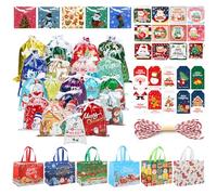 202 PCS Christmas Bags for Presents Christmas Drawstring Gift Bags+ Christmas Tote Bags Large+ Cellophane Treat Ba/gs + greeting card+tag, Wrapping Ba gs Xmas Gift Bag/s