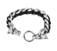 2020 Men Curb Chain Top Black Leather Bracelet Stainless steel fox Locking 8.66'