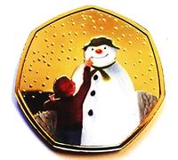 2021 24ct Gold Plated Snowman Christmas Coloured Decal Sticker 50p BUNC Coin with Airtile Capsule Holder in a Pouch Wallet