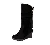 2022 Casual Wedge Heel Frosted Side Zip Decorative Round Toe Plush Medium Boots, black, 8 UK