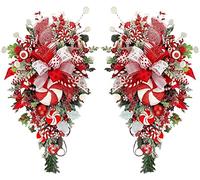 2022 New Inch Red Candy Cane Bow Ornament Christmas Wreath, Christmas Artificial Garland with Foam Candy,Pendant for Holiday Wall Front Door Wall Hanging Decor (2pcs)