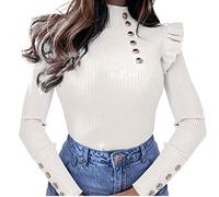 2022 Winter Long Sleeve Button Down Blouse with Ruffled Edges for Women Blood Angel Pullover, White, M
