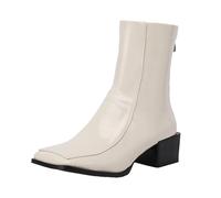 2023 Autumn Winter Korean Women's Ankle Boots PU Leather Square Toe Thick Heel Back Zipper Stylish Casual Footwear Comfortable Durable Fashion Shoes (Beige, 5.5)