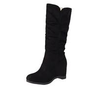 2023 Autumn Winter Women's Mid-Calf Boots Korean Style Frosted Suede Casual Slope Heel High Boots Fashion Comfortable Footwear (Black, 5.5)