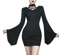 2023 Gothic Dress V-Neck Loose Long Sleeve Witch Slim Hollow Out Short Wrapping Dress Dark Black Skirts Fashion Female Clothing-Black-XL