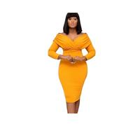 2023 Long Sleeved Business Office Dress Winter and Autumn Clothing Sexy V-Neck Pleated Dress Evening Dress Women's Clothing Gold