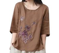 2023 New Jumper Tops Women's Ethnic Style Embroidered Large Size Loose Literary Vintage Top Petite Short Sleeve Tops (Coffee, L) Dressy Tops for Women UK