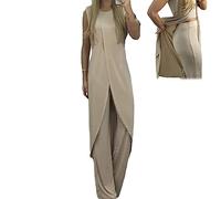 2023 New Vivianhan 7 Colors Jersey Mature Women Suit, Summer Elegant Split Sleeveless Formal Evening Gowns (Medium,Beige)