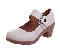 2023 New Womens Closed Toe Mary Jane PU Leather Round Toe Retro Mary Jane Pumps Low Heels Office Work Mary Jane Pump UK Size 5 1_Khaki