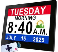 [2023 Newest] 19 Alarms Dementia Clock 8 Inch Large with Remote Control, 5 Levels Auto Dimmable, Non-Abbreviated Date and Day Clock with Calendar for Alzheimers Seniors with Digital Frame Feature