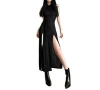 2023 Retro Dark Gothic Desert Walker Hooded Dresses Y2k Punk Grunge Hollow Out Midi Dress Women Sexy Split Side Solid Streetwear-Black-L