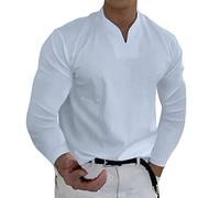 2023 Spring Men's T-Shirts Long Sleeve V Neck Plain T Shirt Loose Fit Casual Blouses Full Sleeves Jersey Tops Shirts (White, M)