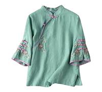 2023 Summer Ethnic Style Wind Embroidery Cotton Linen Loose Plate Buckle Horn Sleeve Stand Seven Point Sleeve Top Shirt Female Bracelet Silver 925 Women, XXXXL/6, Cotton