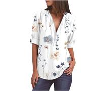 2023 UK Stylish Women Tunic Tops Classic Gradient Ramp Color V Neck Zipper Blouses Baggy Ladie-Fit Adjustable Half Sleeves Sporstwear Smooth Elastic Pullover T-Shirts