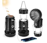 2023 Upgrade Solar Powered Camping Lantern with Fan, Flashlights Charging for Phone, USB Rechargeable & Repalceable Battery Collapsible & Portable for Emergency, Hurricanes, Power Outage, Storm