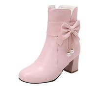 2023 Winter Korean Bow Short Boots Female College Style Cute Women's Ankle Boots, pink, 5 UK