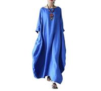 2023 Women Plus Size Summer Casual Dress Cotton Linen O-Neck Vintage Loose Three Quarter Sleeve Robe Maxi Dresses (Color : Blue, Size : 5XL)