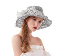 2023 Women’s Organza Tea Party Wedding Fascinator Hat Sun Hats,Organza Church Fascinator Wedding Tea Party Derby Hats for Women Flower Wide Brim Sun Hat 2_Grey