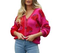 2023 Women's New Casual Women's Autumn and Winter V Neck Buttoned Strawberry Cardigan Sweater Womens Warm Long Cardigan (Red, L) Women Stylish Zip Up Hoodie