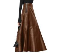 2023 Women's Solid PU Leather Maxi Skirts OL Long Casual High Waist Zipper OL Leather Skirt Khaki S