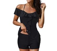 2023 Women's Split Swimsuit Open Shoulder Neck Ruffle Lace Up Tankini Swimsuit Two Piece Set Swim Shorts Women (Black, M)