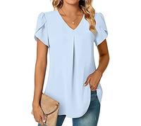 2023 Women's Summer Fashion Chiffon Shirt V-Neck Short Sleeve Tunic Top Suitable for Leggings Slip Blouse Women's Long Sleeve, lightblue, L