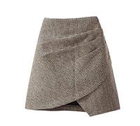 2023 Woolen Short Skirt Houndstooth Bag Hip Skirt and Winter Waist Thin All Irregular A Line Skirt Cotton Skirts for Women (Khaki, S)