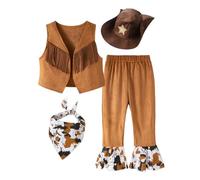 2024 2Pcs Outfits Clothes Set for Kids Boy Kids Brown 4Pcs Cowboy Outfits Fringe Vest with Bandanna Hat Set for Carnival Party Jackets for Toddler Girls (B, 5-6 Years)