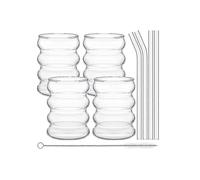 2024 4pack Glasses Cute Ripple Retro Water Glass With Straw Ribbed Glassware Kitchen Coffee Juice Set