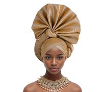 2024 African Female Turban Cap Women's Auto gele Headtie Nigeria Raw Silk Fan Gele Wedding Party Head Wraps Headwear Turbante, Khaki, One Size