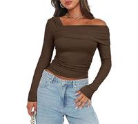 2024 Autumn Off The Shoulder Tops for Women Ruched Going Out Tops Slim Fit Y2K Tee Shirts One Shoulder Long Sleeve top (Dark Brown,M)