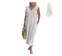2024 Cotton Linen Maxi Dress for Women,Summer Casual V Neck Frill Sleeve Dresses with Pocket,Back Tie Beach Sundress