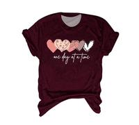 2024 Fashion New T Shirt for Women Girl Women's Summer One Day at A Time Love Print Multi Color Multi Size Round Neck Short Sleeve Compression Shirt Woman (Wine, M)