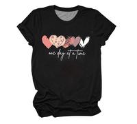 2024 Fashion New T Shirt for Women Girl Women's Summer One Day at A Time Love Print Multi Color Multi Size Round Neck Short Sleeve Compression Shirt Woman (Black, M)