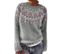 2024 Icelandic Fair Isle Jumpers for Women UK Vintage Fairisle Nordic Ladies Jumper Casual Loose Long Sleeve Crew Neck Knit Jacquard 02#Grey XL
