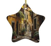 2024 Italian Old Street Print Christmas Ceramic Star Shaped Decoration,Xmas Tree Ceramic Ornaments Hanging